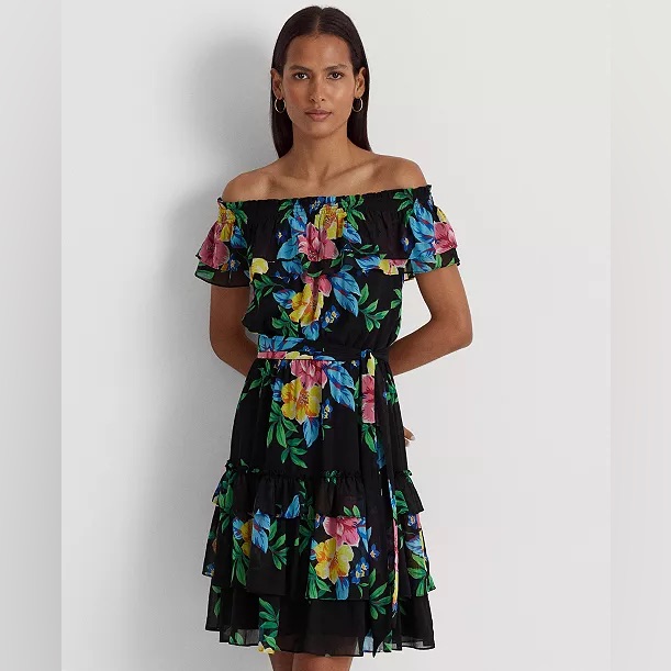 Ralph Lauren Women's Black Spring Floral Georgette Off-The-Shoulder Midi Dress14